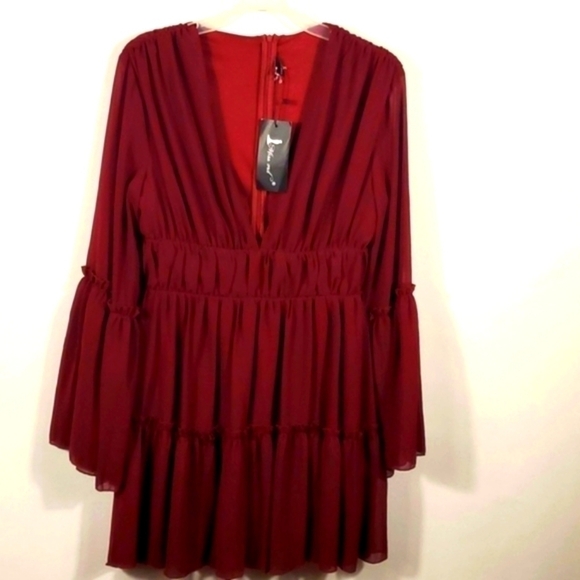 Plunging Neck Frill Maroon Ruffle Hem Chiffon Dress Size Medium NWTG - Picture 12 of 15